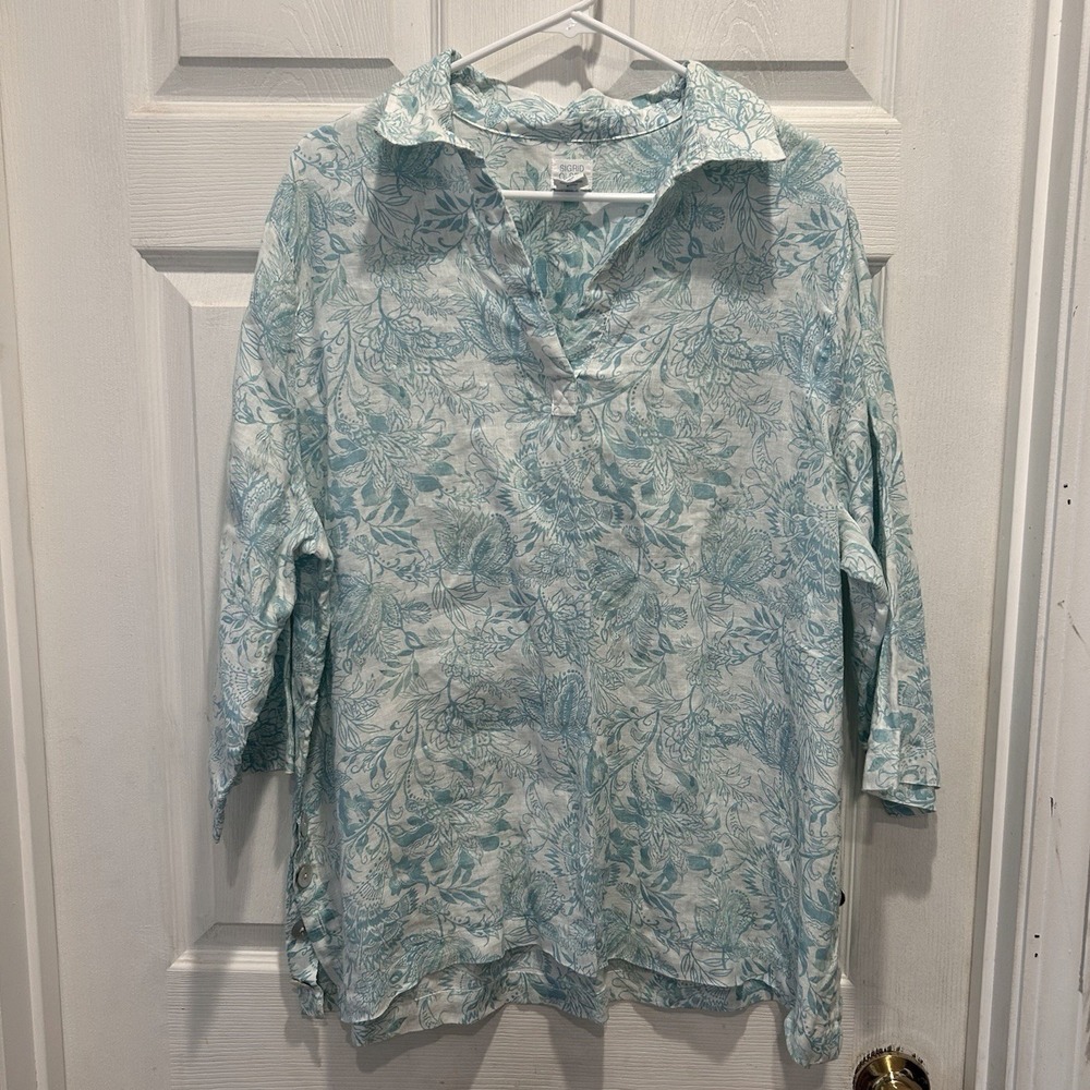 Sigrid Olsen 100% Linen Tunic Top Plus Size 1X Blue Floral‎ Paisley 3/4 Sleeve